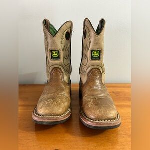 Kids John Deere Tan and Brown Leather Boots- size 11
